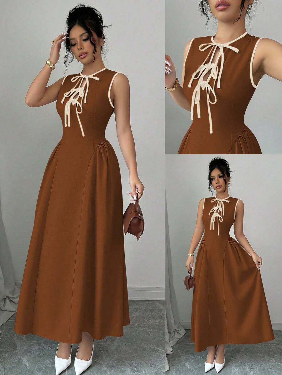 Elenzga Váy nữ mới, phong cách nghỉ dưỡng với cổ khoét sâu, thiết kế buộc dây tương phản, viền nhún eo, vải họa tiết có hiệu ứng nhăn, khóa kéo phía sau, thanh lịch và đa năng để mặc hàng ngày, vừa vặn, mùa xuân/hè/thu/đông - màu nâu - Xem 1