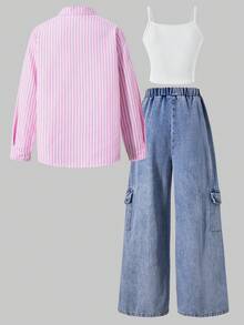 SHEIN ChillGRL Tween Girl 条纹印花长袖衬衫 + 白色吊带背心 + 字母印花阔腿牛仔裤 3 件套 - 彩色 - 查看 4