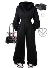 SHEIN ChillGRL 青少年女孩连帽拉链运动衫和高腰保暖衬里裤连体衣 - 黑色 - 查看 9