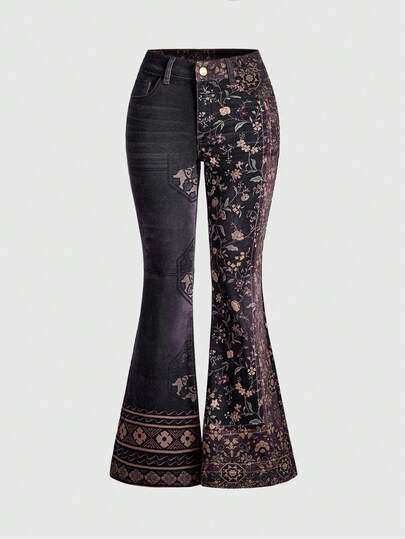 Grunge Punk Jeans acampanados de talle súper bajo con estampado floral de contraste en estilo retro hippie