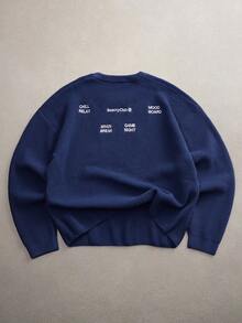 AXEPEAK 男士时尚宽松刺绣圆领长袖毛衣，秋冬 - 藏蓝色 - 查看 1