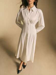 Poéselle Vestido camisero largo con botones blancos para mujer, silueta de manga larga con cuello y cintura ceñida con abertura frontal - Estilo minimalista atemporal para el trabajo, días casuales chic, viajes y reuniones elegantes. Vestido largo de unicolor de manga larga minimalista para mujer, vestido camisero casual de uso diario, vestido camisero blanco largo para mujer, vestido camisero casual largo - Blanco - Ver 6