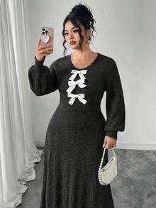 Modelyn Plus Size Color Block Bow Decor Minimalist Daily Wear Round Neck Long Sleeve Sweater Dress Plus Size Dress Maweii Plus Size Dress Plus Size Church Dress - Black - View 5