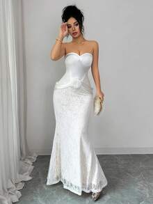 Selianne Satin Strapless Formal Dress, Lace Waist Cincher, Fishtail Hem, Sexy French Elegant Luxurious Party/Date Dress, Slim-Fitting White Gown With Satin Ribbon, Floor-Length Dress