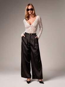 AiiRZ Long Sleeve Lace Bodysuit Deep V Neck Sheer See Through Floral Lace Pattern Long Sleeve Fitted Body Suit - White - View 3