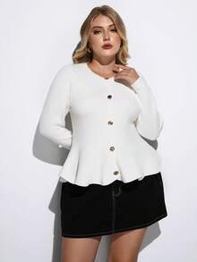 Maija 大码女式金属纽扣设计长袖纯色针织毛衣，秋季返校季返校节优雅复古风，适合老少咸宜的教师、绅士、女性等各种场合，兼具浪漫、时尚、百搭、舒适、时尚、优雅、休闲和简约日常穿着。 - 白色 - 查看 3