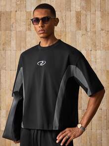 AXEPEAK Camiseta T de Malha Casual Solta de Manga Curta com Retalhos para Homens, Uso Diário, Pronta para Uso Streetwear - Multicolorido - Visão 2