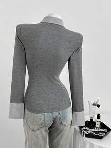 Elamini 女士休闲合身针织条纹衬衫 - 灰色 - 查看 2