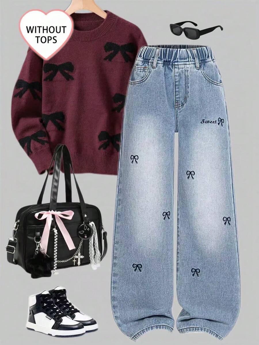 ChillGRL Jeans évasés ample pour jeune fille, nouvelle collection printemps/été, en denim bleu clair avec une ambiance décontractée, détail de broderie en forme de cœur pour une touche, taille élastique pour le confort. Convient pour le campus, la rue, les sorties, les activités de plein air et le port quotidien. Jeans baggy étoilé Y2K, jeans baggy Y2K - Jean bleu - Voir 1