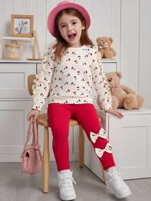 SHEIN 2pcs/Set Young Girl' Casual Raglan Sleeve Cherry Print Top And Leggings, With Ruffle Hem And Heart Print, Versatile Casual Suit For Young Girls - Red - View 3