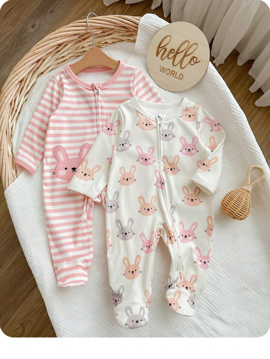 新生女宝宝可爱休闲针织卡通图案条纹长袖连体衣 - 彩色 - 查看 1