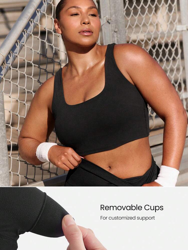 FeatherFit™-Sculpt Plus Size Twist And Flow Soft Stretchy Cropped Removable Cups Square-Neck Twist-Back Sports Bra Low Impact Yoga Pilates Studio Daily Casual Wear