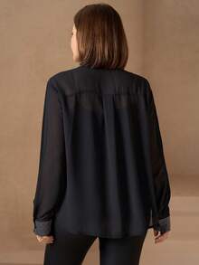Chikora Plus Size Satin Poplin Button-Up Shirt,Office Fall - Black - View 2