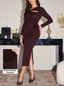 Modelyn Solid Color 3D Floral Hollow Out Pleated Fitted Slit Hem Midi Dress For Women - Brown - View 8