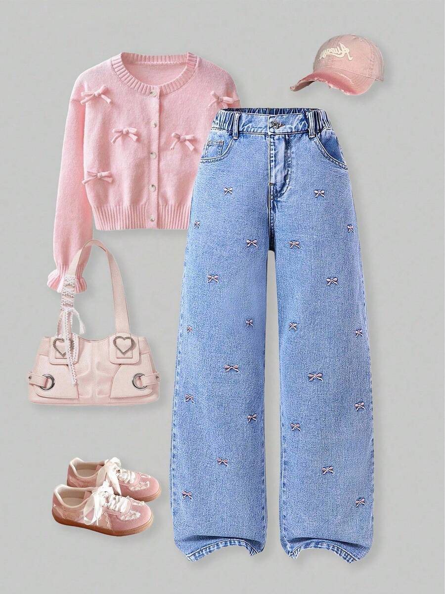 SHEIN ChillGRL Teen Girls Wide Leg Jeans, New Design Embroidered Bowknot Straight Leg Pants Pants Baggy Jeans Baggy Jeans Woman Baggy Girl Jeans Pants Jean Baggy Jeans For Girls Summer Holiday - Light Wash - View 1
