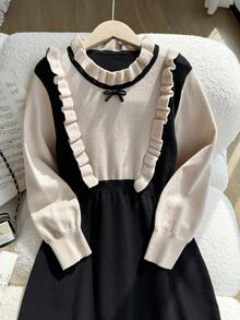 女童荷叶边下摆圆领长袖A字型毛衣连衣裙，适合假日、度假和日常休闲穿着。 - 黑色 - 查看 6