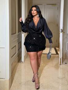 NU&NOW Plus Size Women's Two Pieces Set: A Satin Draped Collar Long-Sleeved Top Paired With A Feather Sequined Mini Skirt, Suitable For Occasions Such As New Year's, Banquets, Parties, And Wedding Guests. - Black - View 5