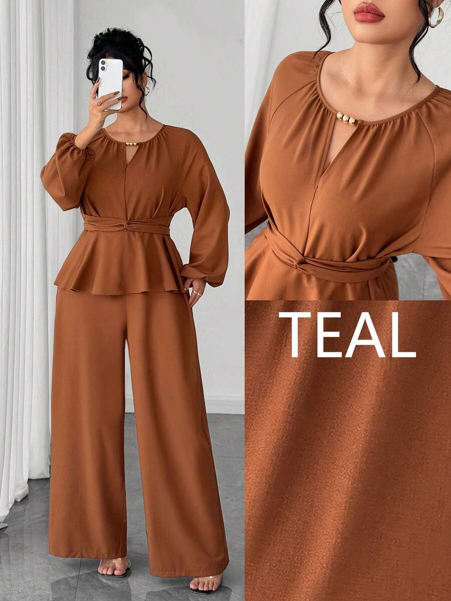 Elenzga 大码女士优雅金属串珠腰部纽扣蝴蝶结设计连体裤，时尚通勤款，棕色二合一设计，适合春秋季返校、毕业典礼、情人节、音乐节、母亲节、万圣节、感恩节、复活节、国庆节、舞会、约会派对、婚礼等场合。 - 棕色 - 查看 1