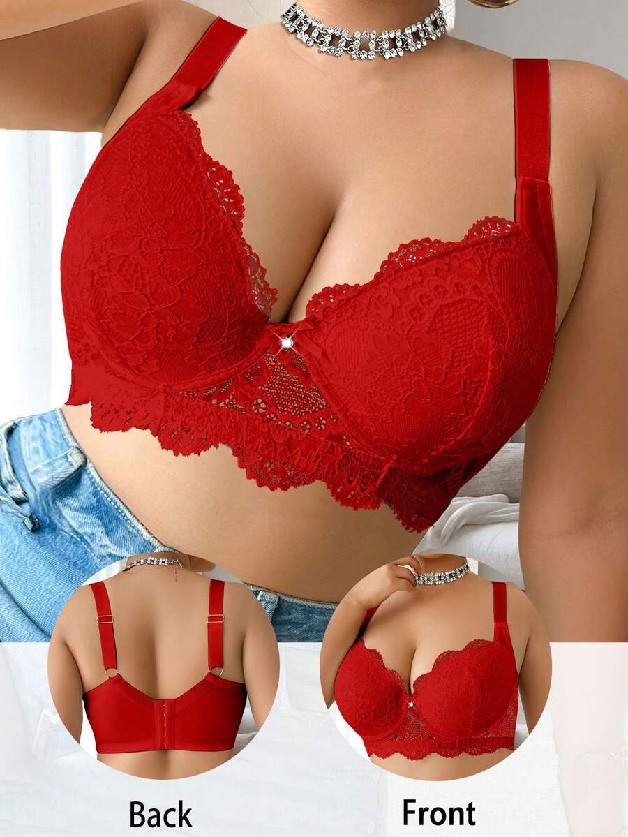 DesireSculpt 1pc Plus Size Solid Color Lace Sexy Comfortable Breathable Underwire Bra - Red - View 1