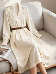 GlowEve Metal Buckle Waist Decor Asymmetrical Ribbon Collar Shoulder Ruched Long Sleeve A-Line Hem Elegant Commuter Dress For Women