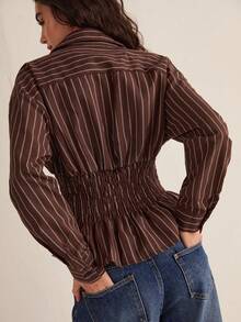 Easelle 棕色条纹梭织女式褶皱长袖落肩时尚纽扣前襟衬衫 - 棕色 - 查看 2