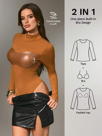 Nuvra Women's Solid Color Sexy Bodysuit With Leather Chest Patch, Fitted, Autumn/Winter