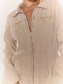 MUSERA Washed Bleached Denim Paneled Zip Down Collared Jacket Only Old Money Cute Country Cottage Core Back To School Casual For Women Butterscotch Back To School Office Work Winter Spring Summer - Beige - View 5