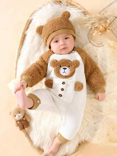 SHEIN 婴儿冬季超可爱抓绒连体衣，男女宝宝秋冬户外爬行服，卡通熊图案