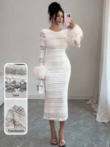 Modelyn Elegante vestido largo de cuello redondo con ribete de piel de imitación beige para mujer, para invierno - Albaricoque - Ver 5