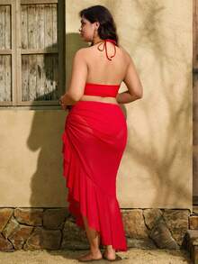 Swim Oasis 大码纯色三件套泳衣，带网纱裙，简约设计，女士款 - 紅色 - 查看 2