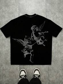 Manfinity Roghcode Men's Casual Round Neck Short Sleeve T-Shirt, Angel Print, Summer - Black - View 5