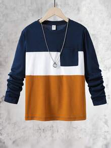 Vacaura Áo thun tay dài cổ tròn màu tương phản thường ngày có túi nhỏ cho bé trai - Xanh đậm - Xem 1