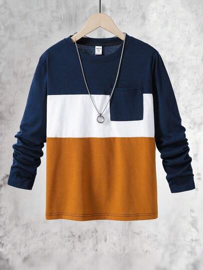 Vacaura Boys' Casual Contrast Color Round Neck Long Sleeve T-Shirt With Small Pocket