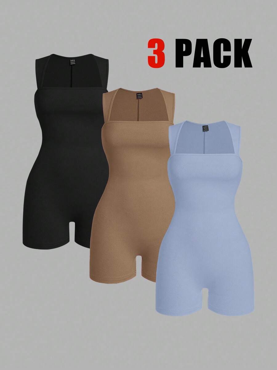 SHEIN EZwear Bộ 3 quần yếm không tay màu trơn cho nữ - Nhiều màu - Xem 1