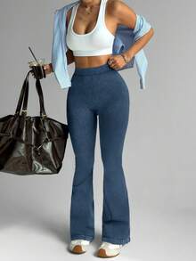 SHEIN Sports 女士纯色高腰休闲健身喇叭裤 - 深色水洗藍 - 查看 6