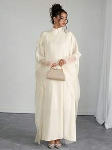 SHEIN Raffinéa Women's Elegant White Mandarin Collar Batwing Sleeve Loose Dress - White - View 4