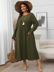 EMERY ROSE Plus Size Casual Solid Color Dual Pocket Dress - Army Green - View 3