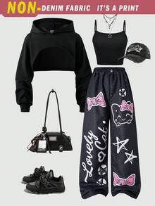 SHEIN ChillGRL Streecool 儿童休闲青少年女孩宽松街头风格牛仔印花裤、短款吊带背心、长袖连帽网眼衬衫三件套服装，时尚 - 黑色 - 查看 5