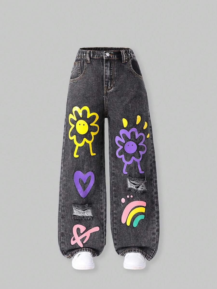 SHEIN Explorewe Tween Girl Graffiti Ripped Wide Leg Jeans, Loose Cute Straight Leg Pants - Dark Grey - View 1