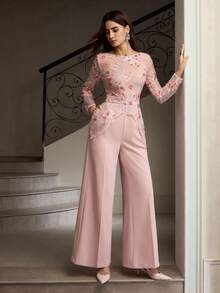 ZEYLAH Women's Elegant Floral Embroidery Mesh Patchwork Sequin Loose Wide Leg Jumpsuit - Pink - View 7