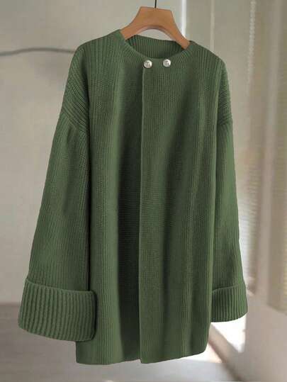 GlowEve CURVE Plus Size Women Metal Button Decor Solid Color Knit Cardigan, Casual Versatile Suitable For Christmas, Halloween, Back To School, Vacation, Office Wear