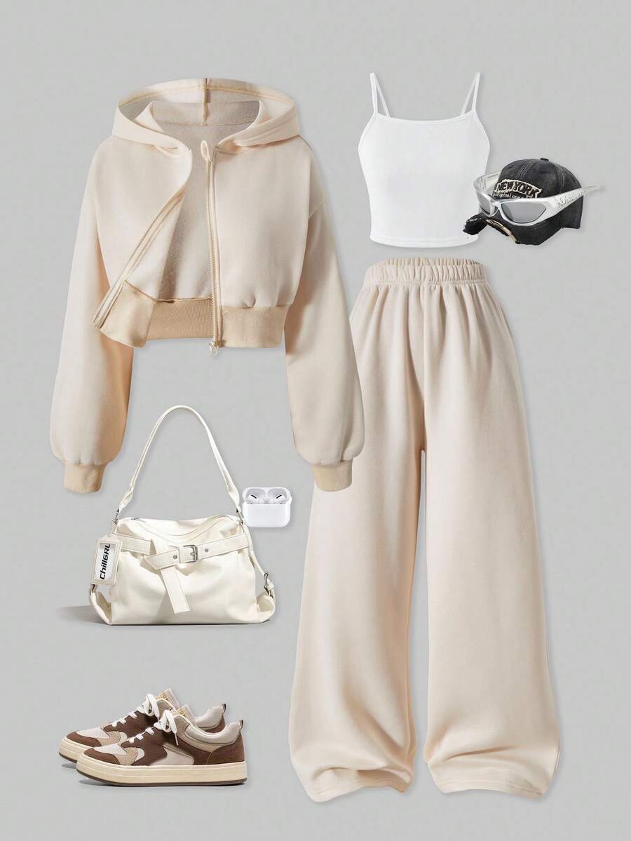 SHEIN ChillGRL 3件套少女纯色保暖连帽拉链衫、吊带背心和阔腿裤休闲套装，适合日常穿着、通勤和秋冬季上学。 - 杏色 - 查看 1