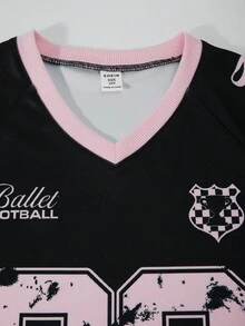 SHEIN ChillGRL 2 件套青少年女孩美式拼布短袖图案 T 恤和工装裤套装