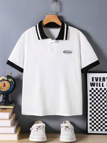 Vacaura Maglietta casual con colletto a contrasto per grandi bambini, polo morbida e comoda per il ritorno a scuola, adatta per primavera/estate - Bianco - Visualizzare 7