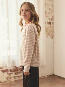 SHEIN Girls' Long-Sleeve T-Shirt,Blue And White Stripe,80s School Autumn Style For Tweens,Soft Multi-Colored Striped Oversize Fit Round Neck Chest Pockets - Multicolor - View 2