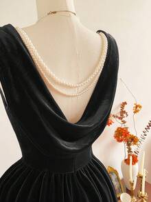 Vintamour Vintage Elegant Women's Velvet Pearl Chain Black Dress With Pockets,Autumn Dining Cocktail Party Holiday Christmas Halloween New Year Thanksgiving - Black - View 6