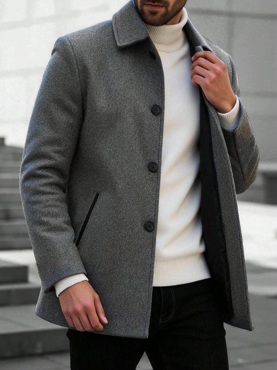 Manfinity Mode 男士休闲单排扣翻领羊毛混纺大衣，秋冬季羊绒羊毛灰色大衣，复古风格，适合日常休闲、周末旅行、户外活动、探险旅行、轻松的工作环境或半正式场合，可作为男友/丈夫礼物、周年纪念/生日礼物、派对礼物、圣诞节礼物、新年礼物、婚礼礼物。 - 深灰色 - 查看 1