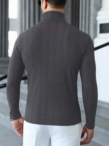 Manfinity CasualCool Men's Casual High Neck Long Sleeve T-Shirt, Autumn/Winter Men Sweater Top Men Turtleneck Shirts Summer Turtle Neck Men Men Knit Tops Mock Neck Men - Grey - View 2