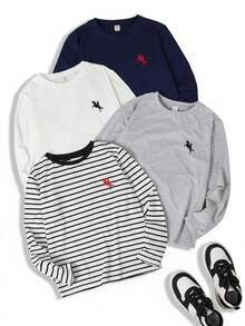 4pcs Tween Boy Casual Pattern Long Sleeve T-Shirt - Multicolor - View 8