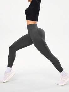 Easithlete Leggings de yoga sin costuras de unicolor, pantalones deportivos de cintura alta para fitness, running y entrenamiento, con cintura ancha para ropa deportiva de mujer - Gris - Ver 4